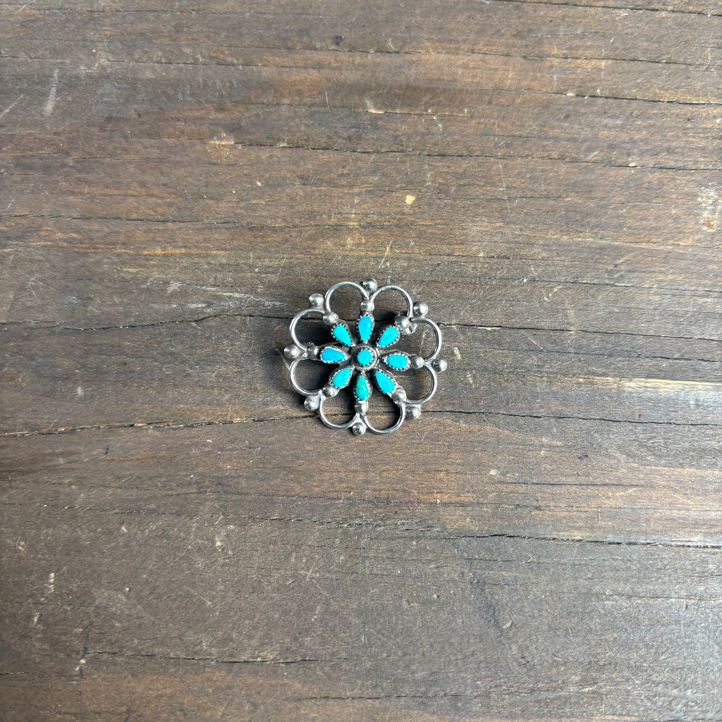 Vintage Silver and Turquoise Flower Pin