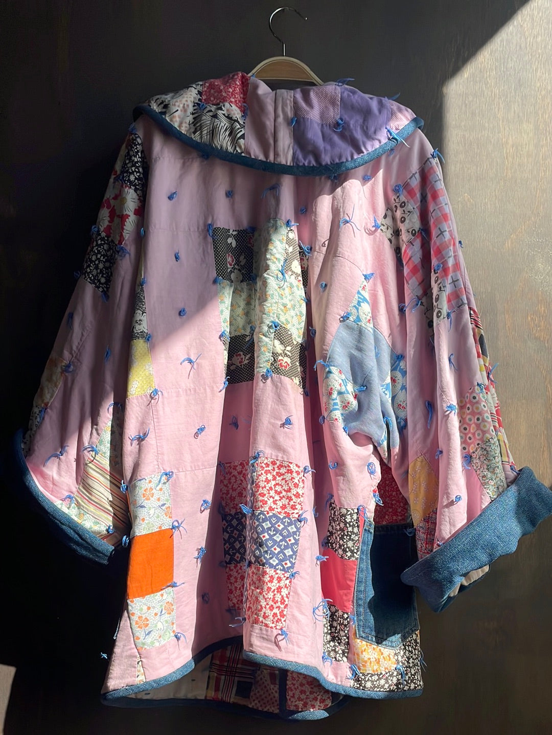 Handmade Vintage Quilt Jacket, Pink with Denim Trim