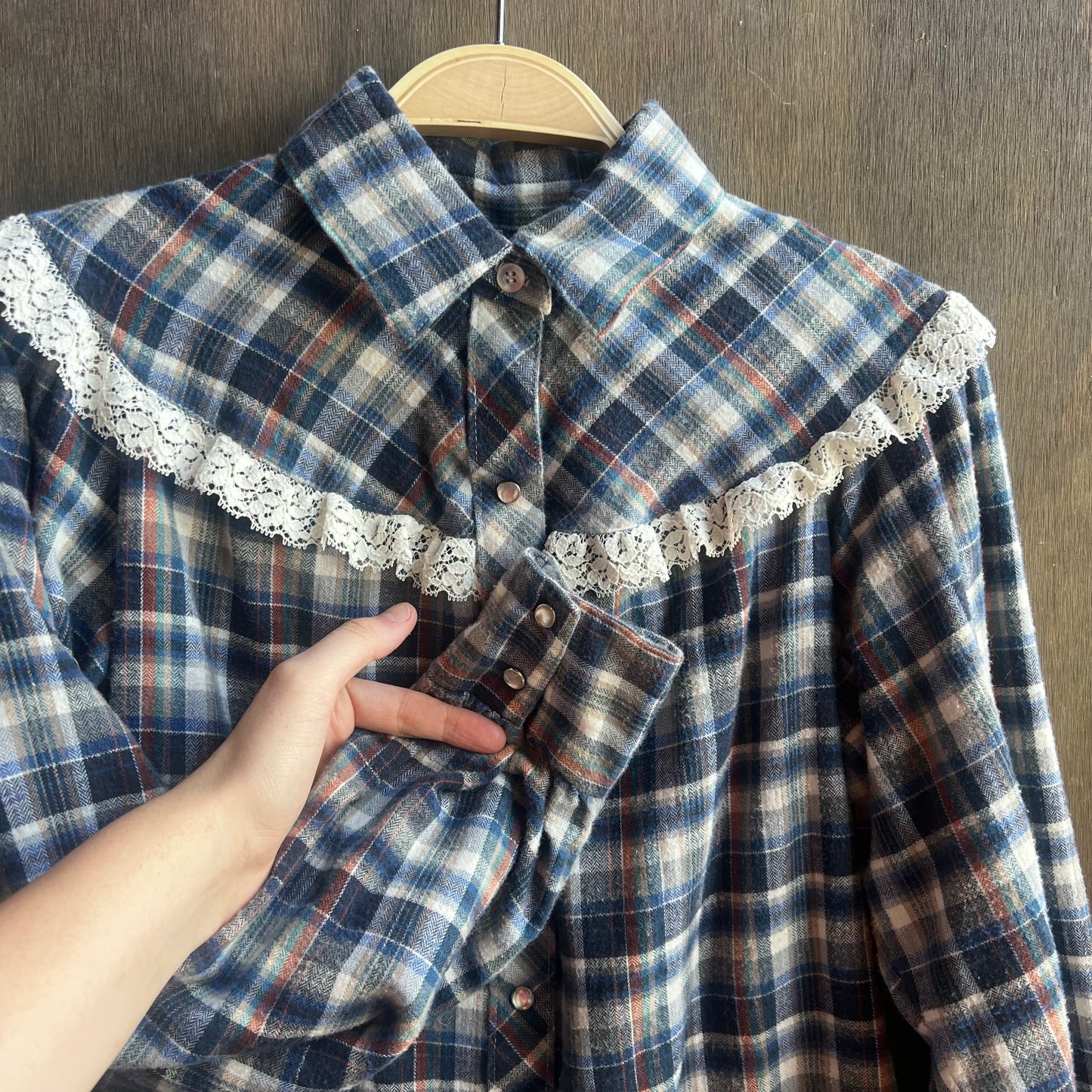 Blue Plaid Pearl Snap with Lace Trim