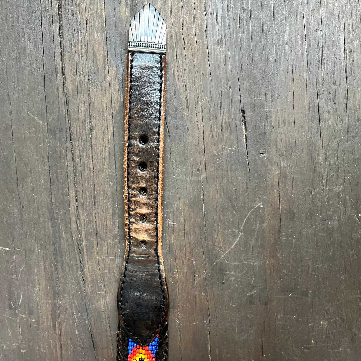 Beaded Aztec 1990s black leather belt