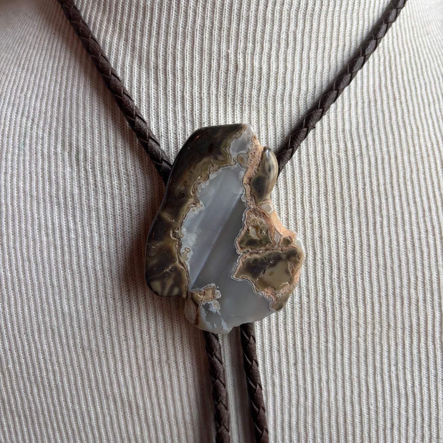 Raw Agate Bolo on Brown Tie