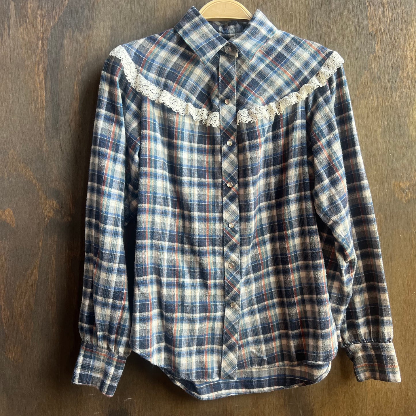 Blue Plaid Pearl Snap with Lace Trim