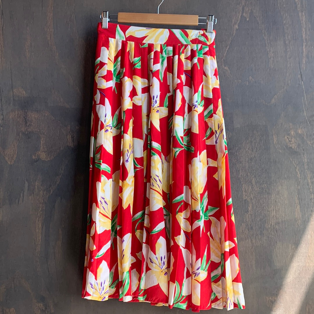Red floral mid-length skirt