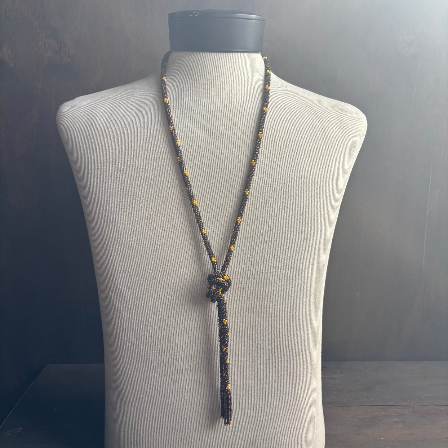 Vintage Brown and Yellow Seed Bead Tassel Necklace