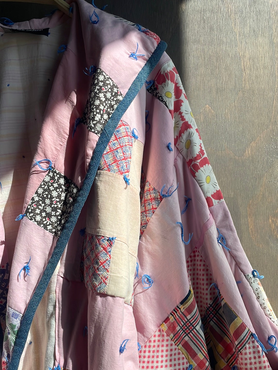 Handmade Vintage Quilt Jacket, Pink with Denim Trim