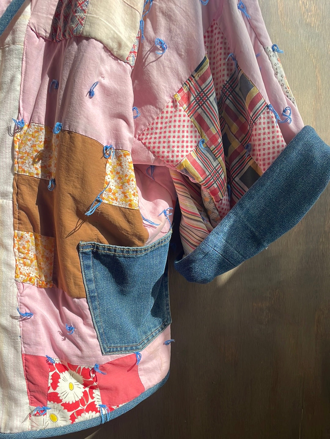 Handmade Vintage Quilt Jacket, Pink with Denim Trim