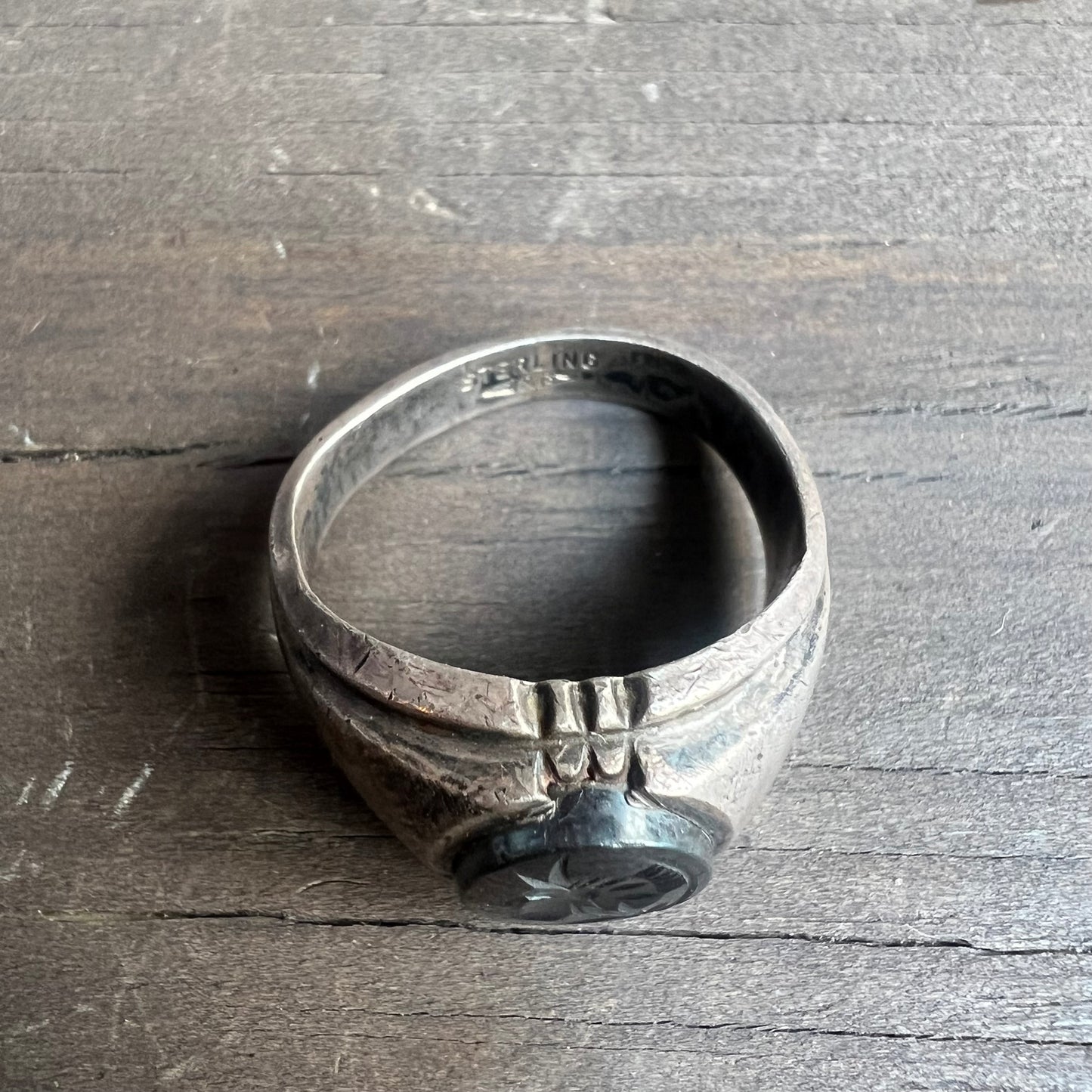 Vintage Sterling Silver and Hematite Carved Ring