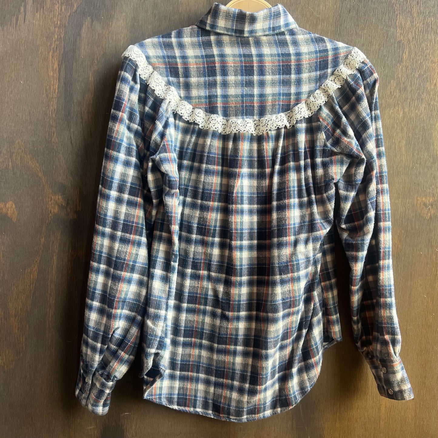 Blue Plaid Pearl Snap with Lace Trim