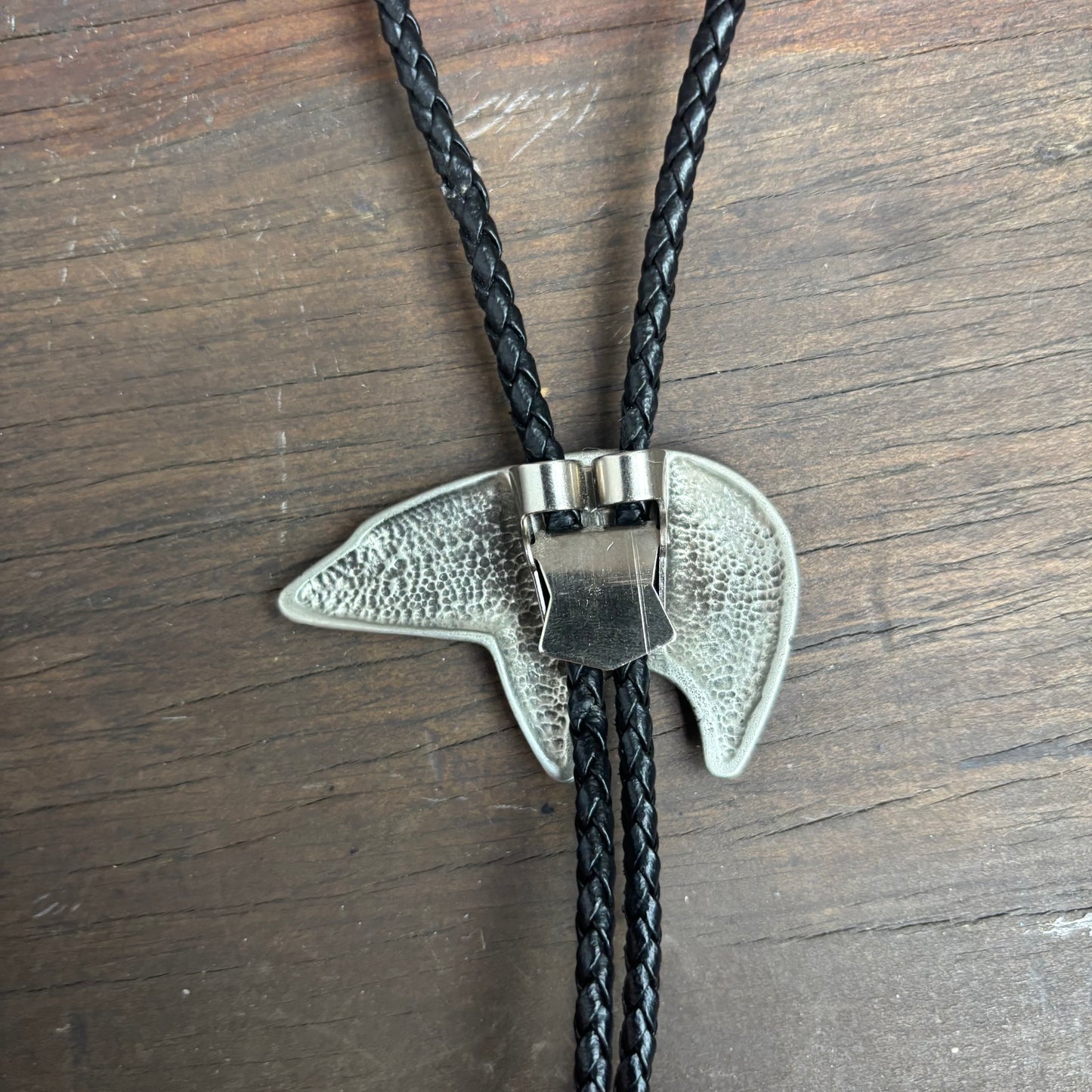 Pewter Bear Bolo on Black Tie