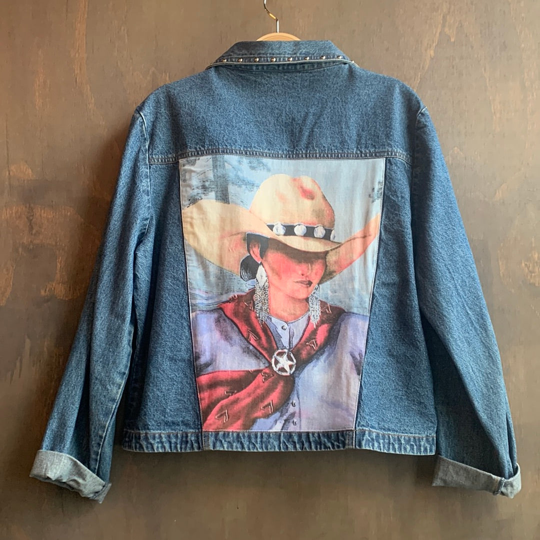 Vintage studded collar denim jacket with image woman on back