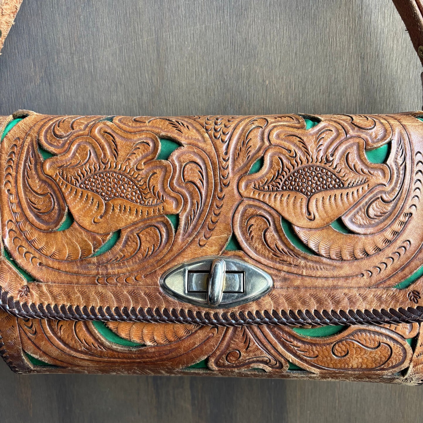 Vintage Tooled Leather Bag with Green Accent