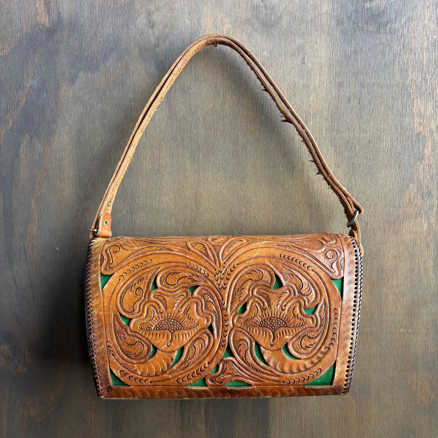 Vintage Tooled Leather Bag with Green Accent