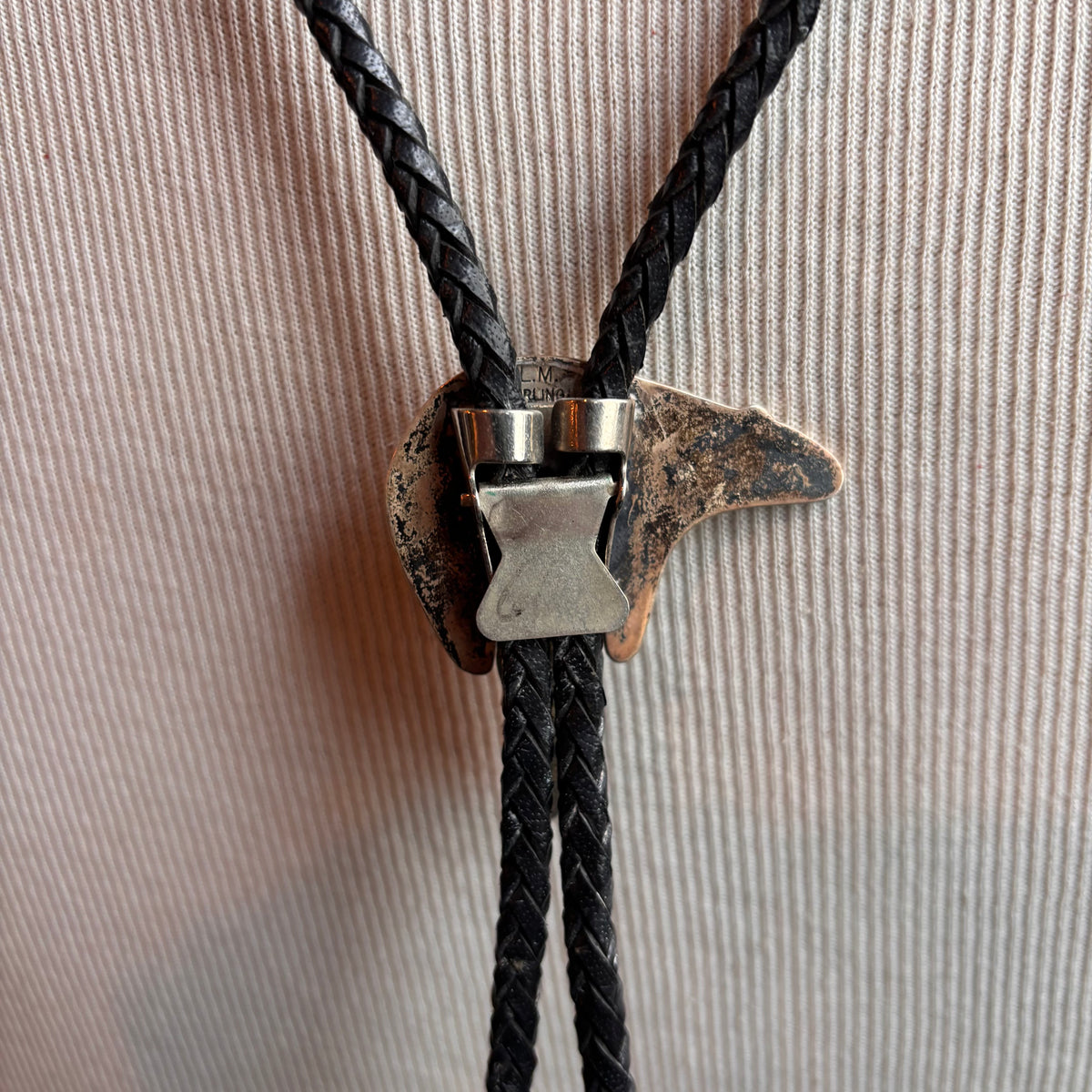 Vintage Silver Bear Bolo on Black Leather Tie