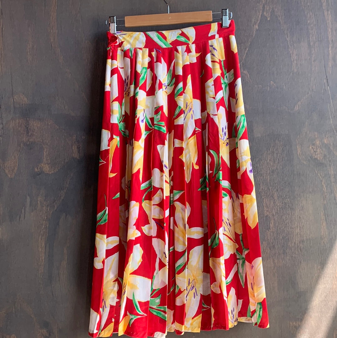 Red floral mid-length skirt