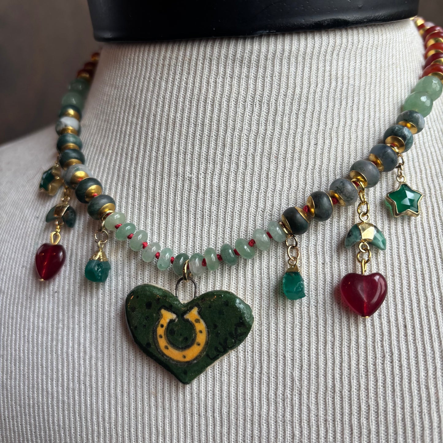 Ostrich Moon Green Heart Charm Necklace