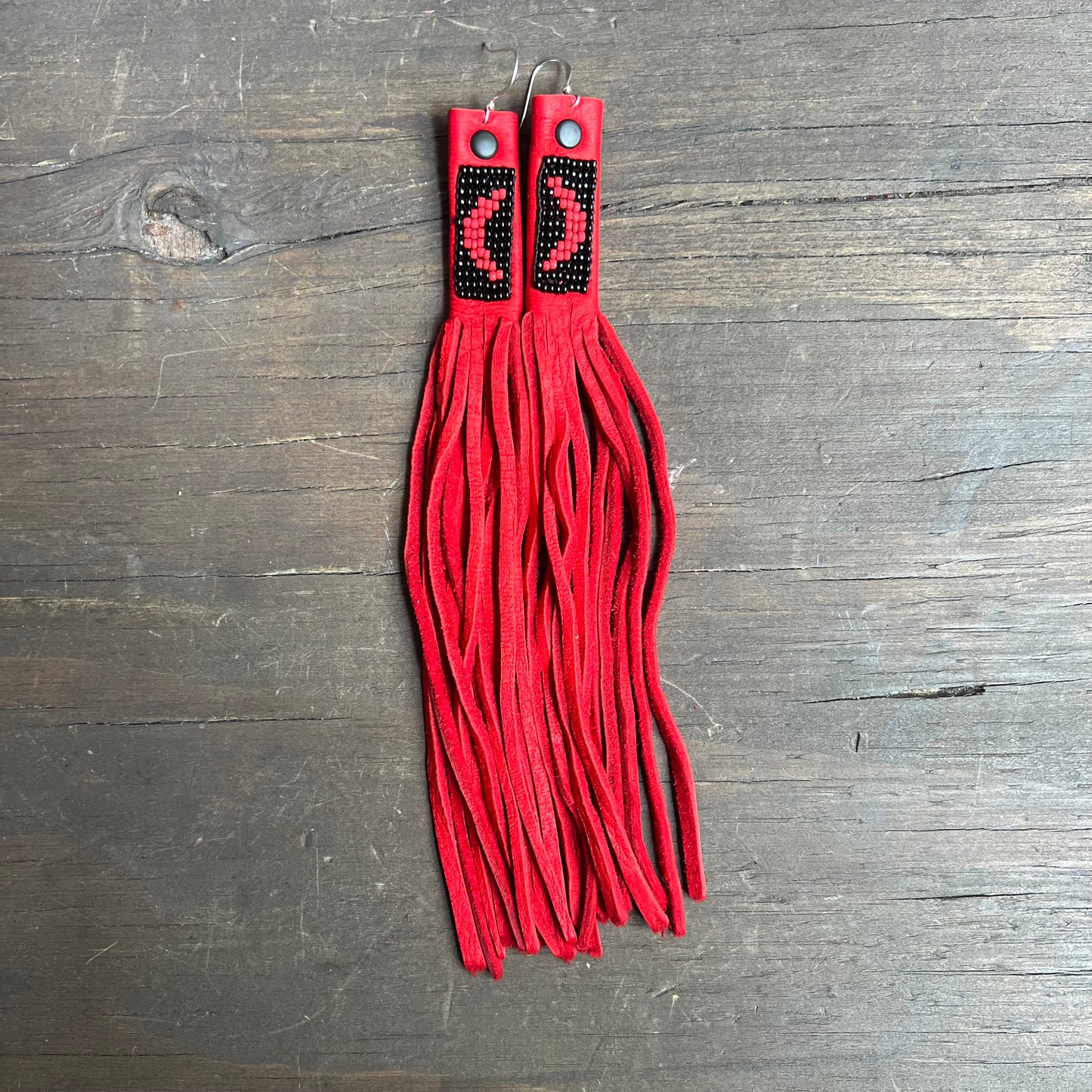 Leather Sage Red Fringe Earrings