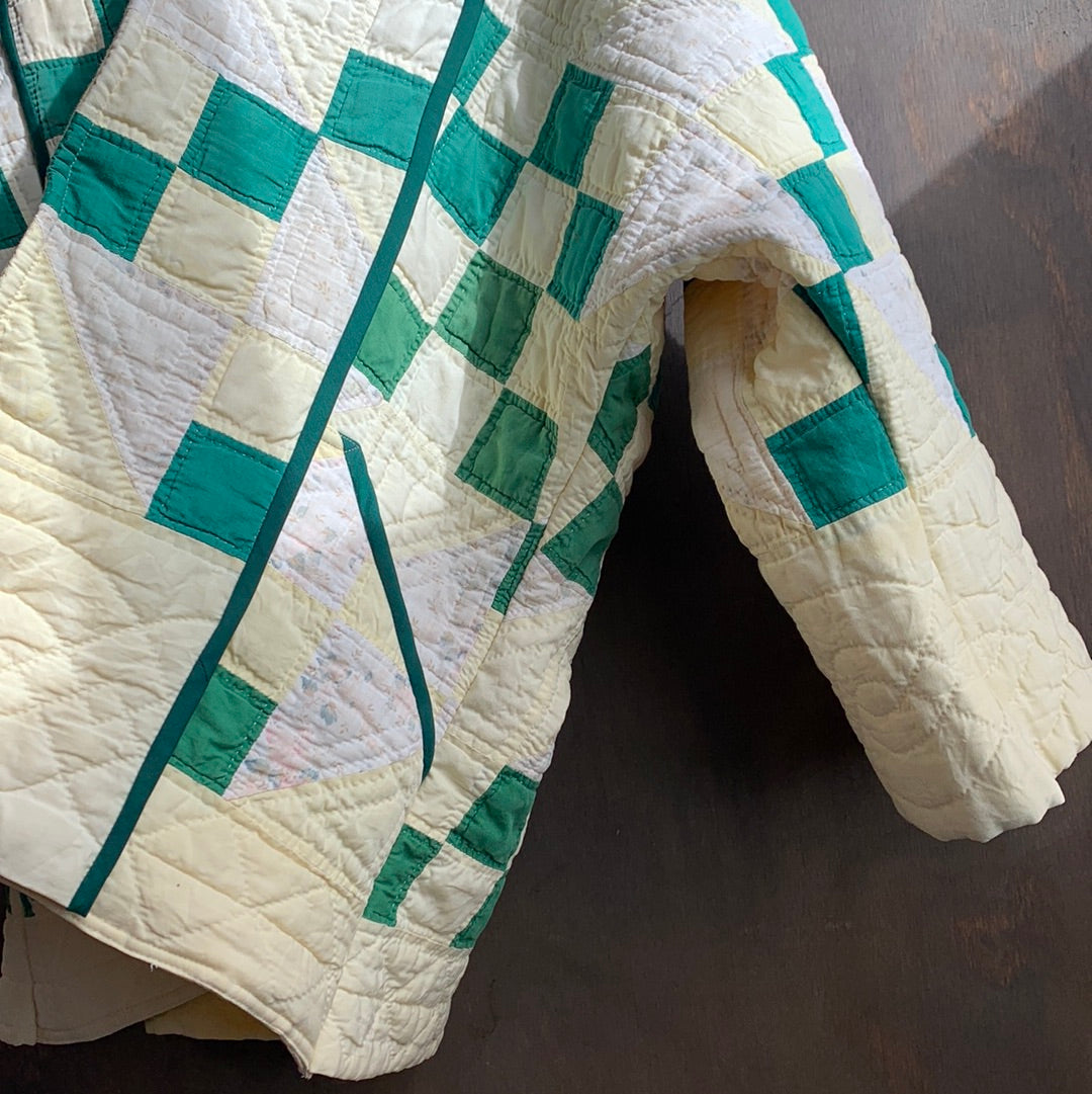 Vintage Quilt Coat with Green Squares and Trim