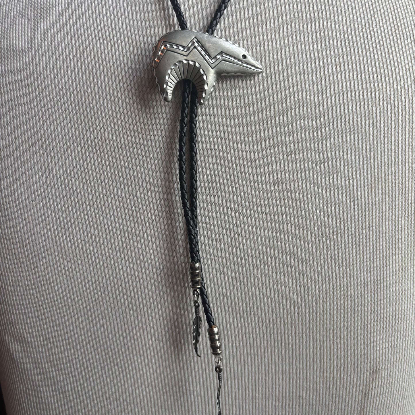 Pewter Bear Bolo on Black Tie
