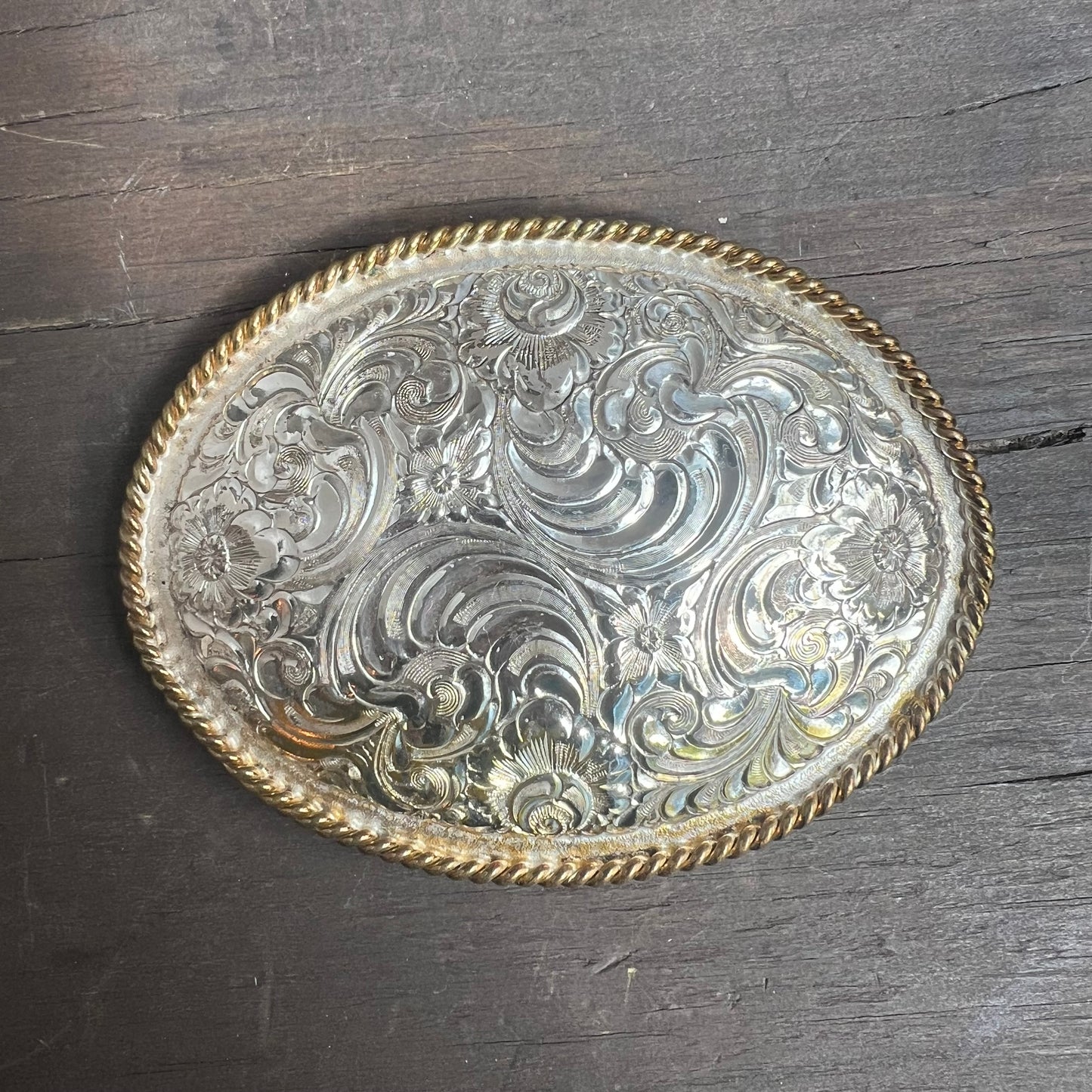 Large Silver Belt Buckle with Bronze Trim