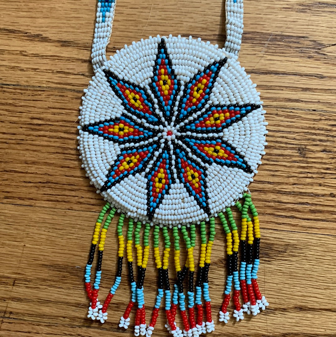 Beaded multi-color medallion necklace with fringe