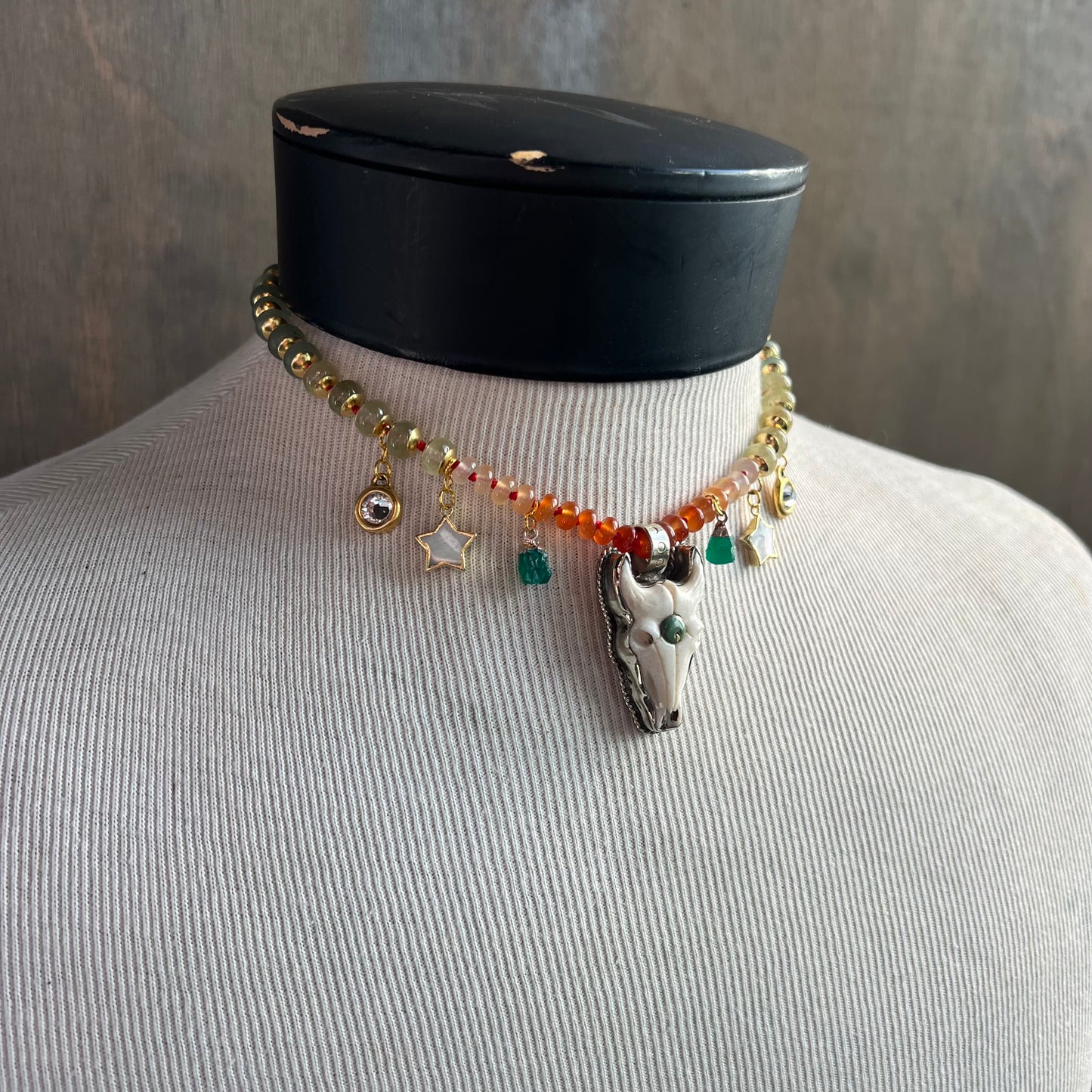 Ostrich Moon Bone Skull Necklace