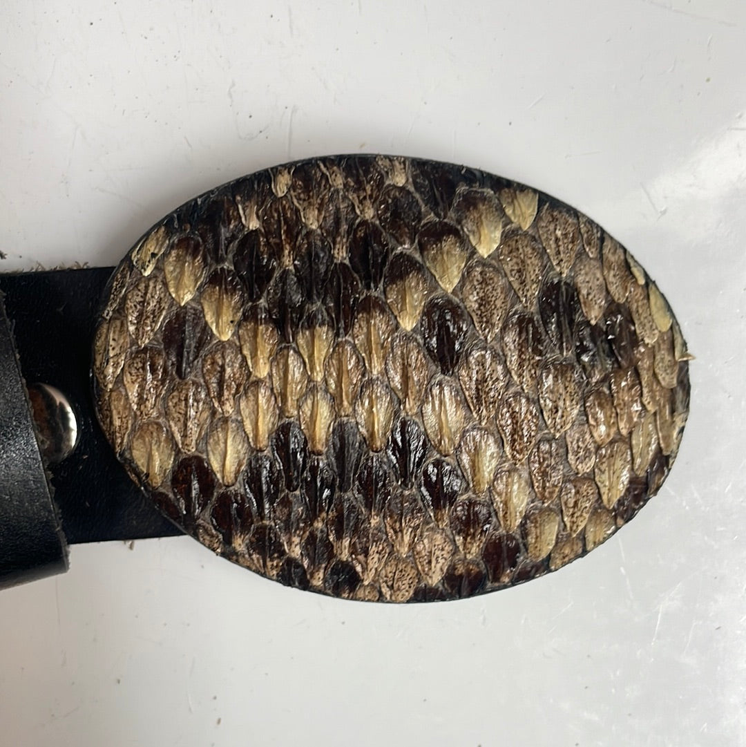 Black Leather Belt with Snakeskin Buckle in