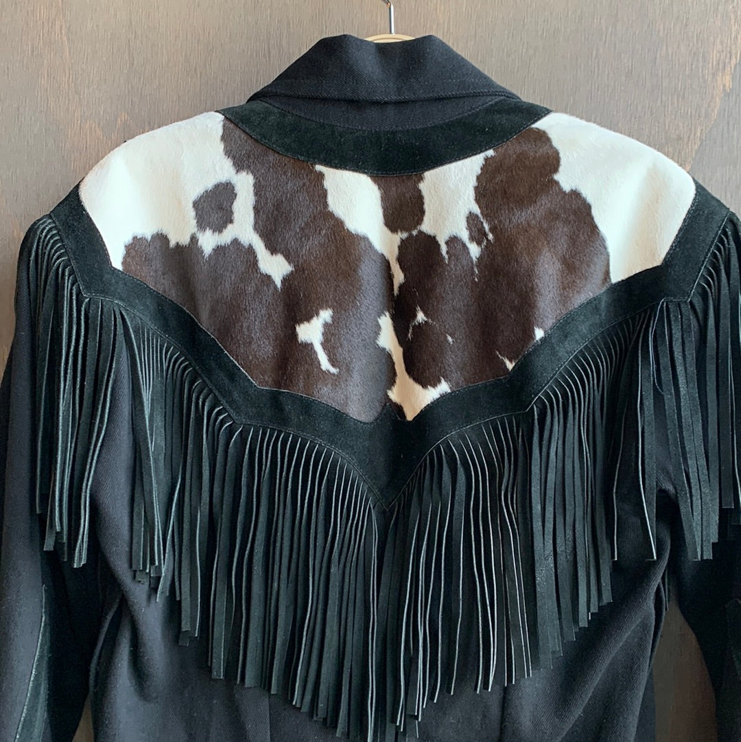 Cow Hide black denim jacket with fringe