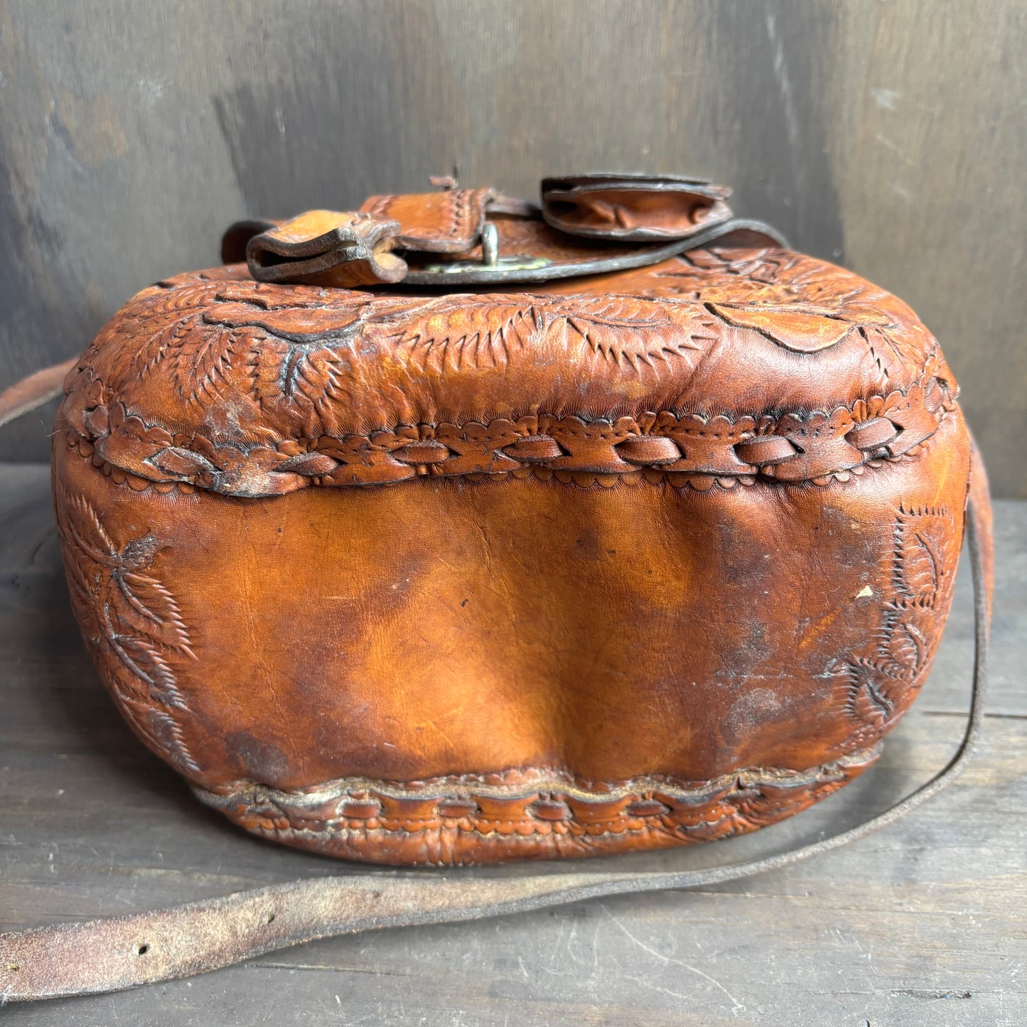 Vintage Tooled Leather Saddle Bag