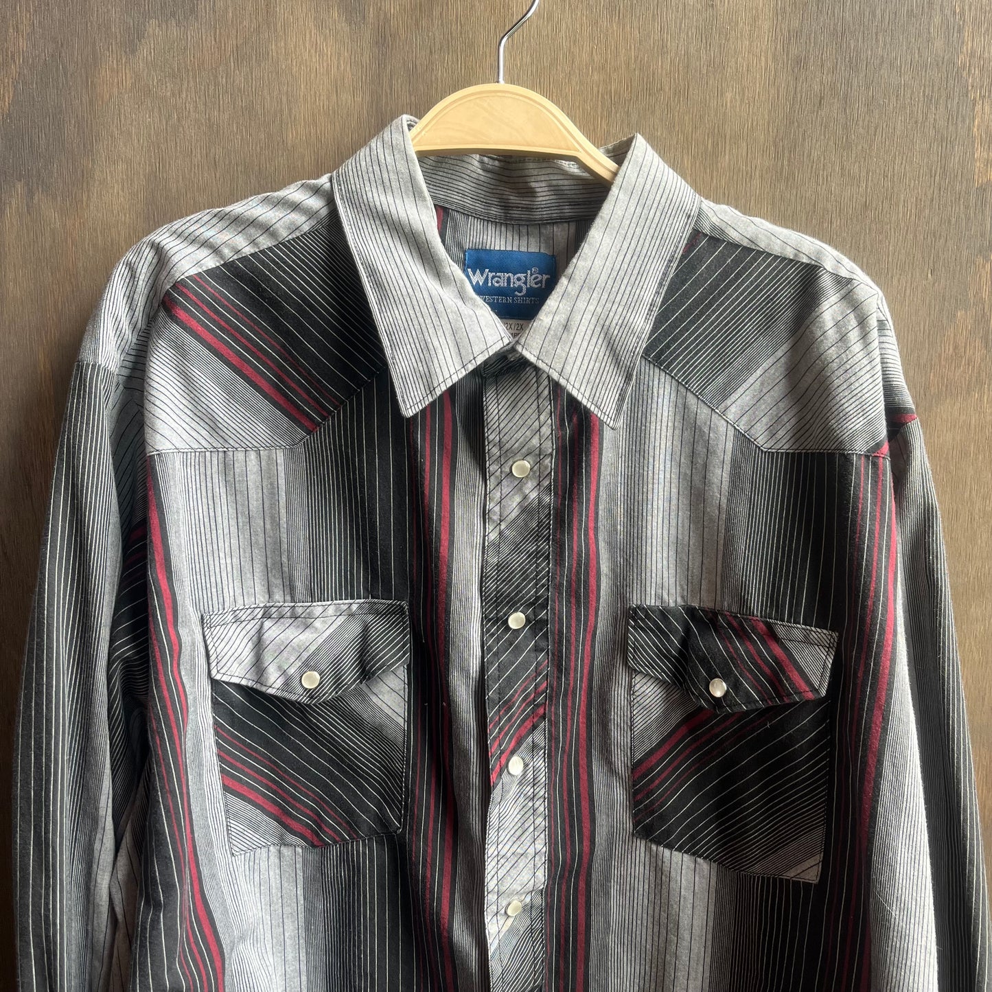 Grey Red and Black Striped Wrangler Pearl Snap