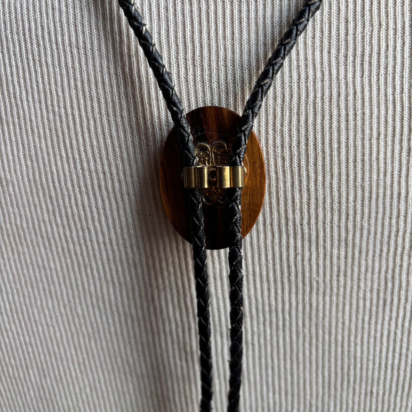 Wood Oval Bolo on Black Leather Tie