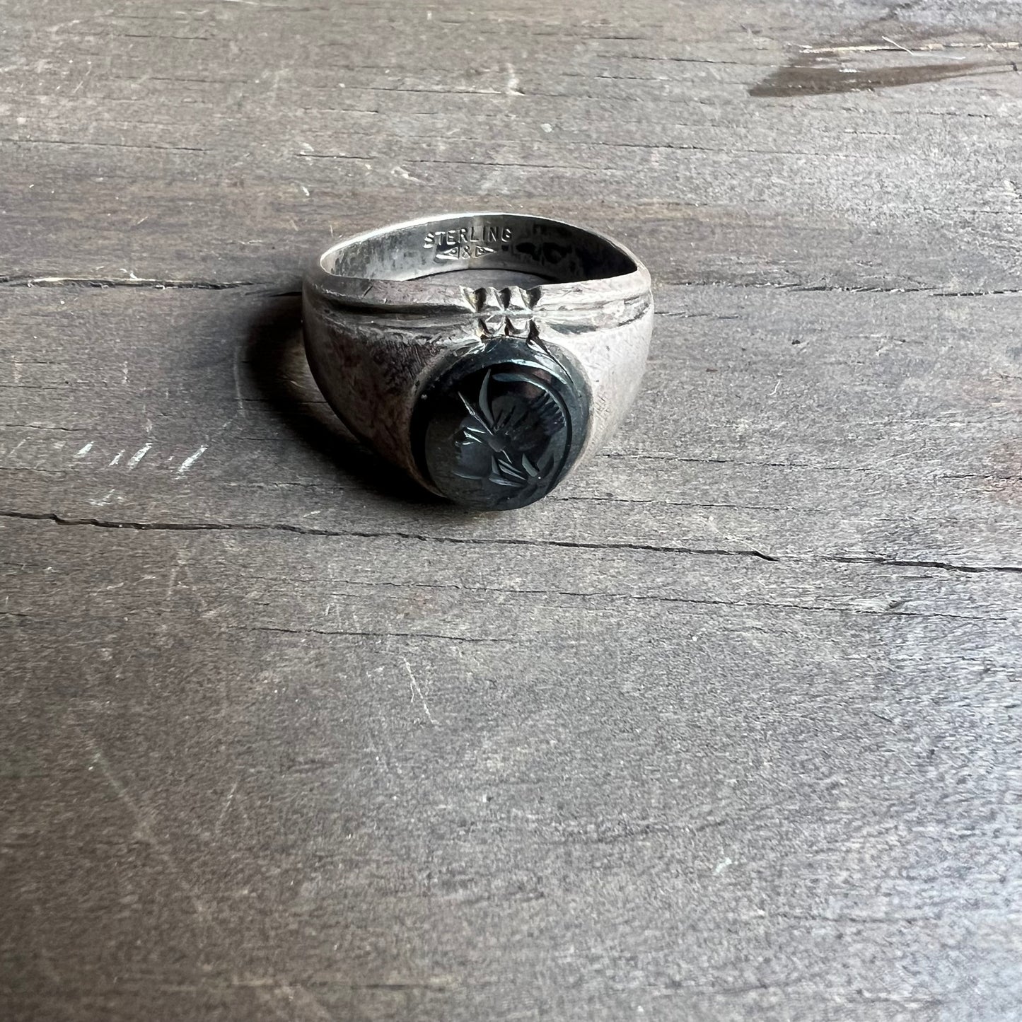 Vintage Sterling Silver and Hematite Carved Ring