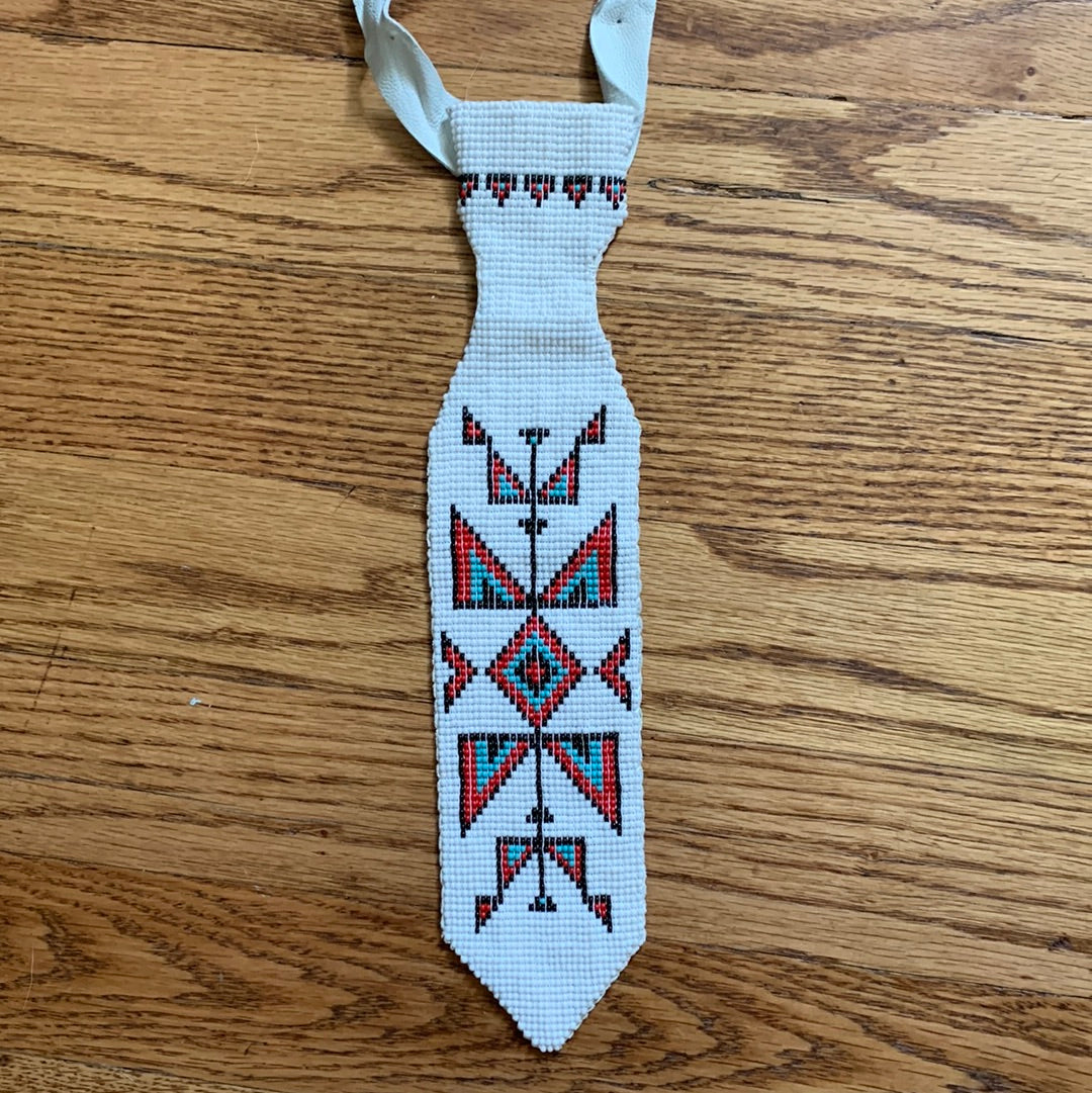 Lakota white, red & turquoise beaded tie
