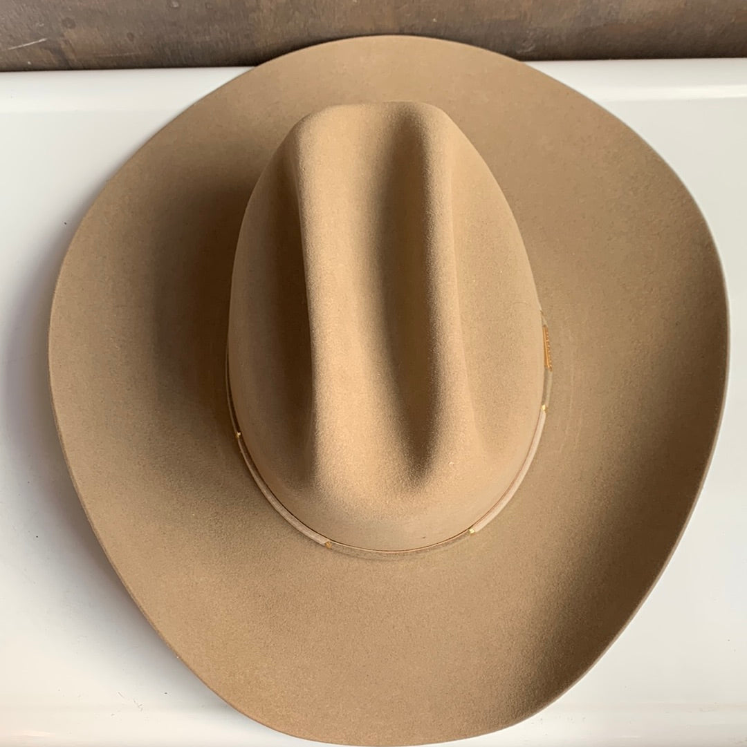 Taupe Stetson “Skyline” cowboy hat with beige, taupe & gold band