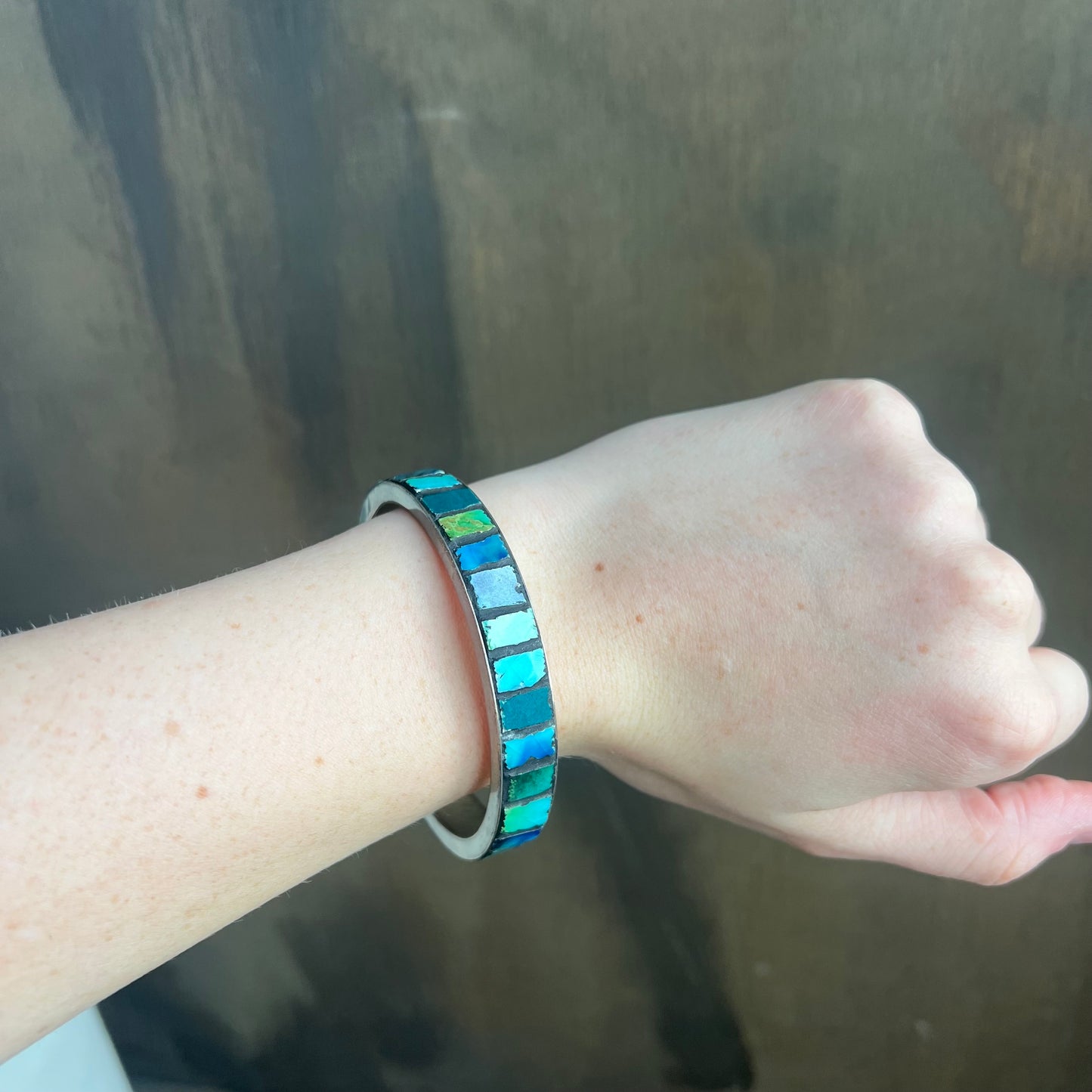 Vintage Sterling Silver Mosaic Bracelet with Glass and Turquoise