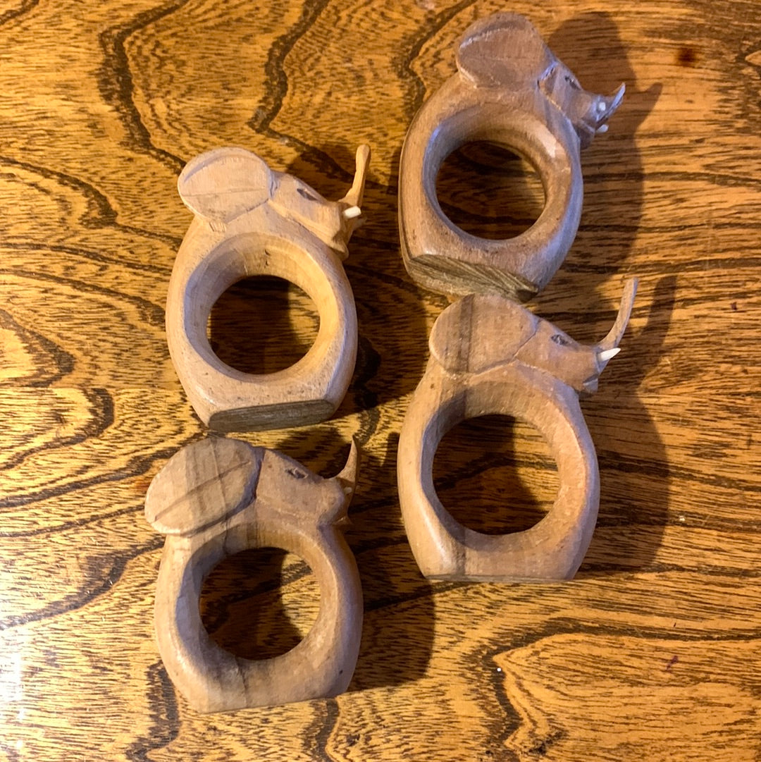 Wood carved elephant napkin rings (set of 4)