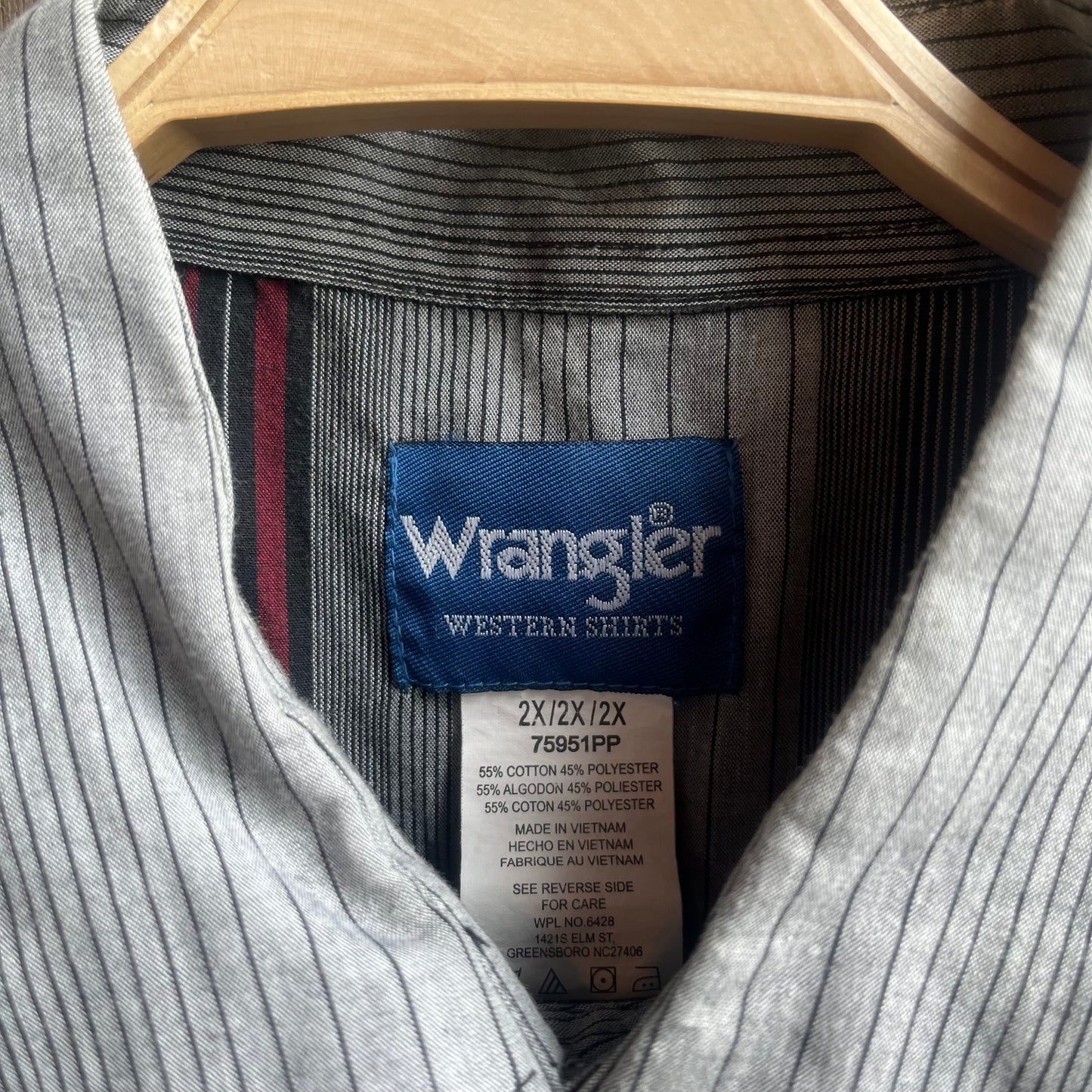 Grey Red and Black Striped Wrangler Pearl Snap
