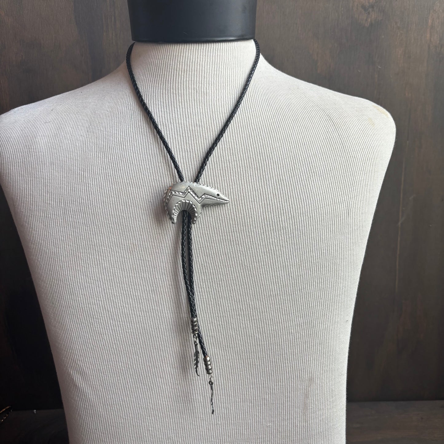 Pewter Bear Bolo on Black Tie