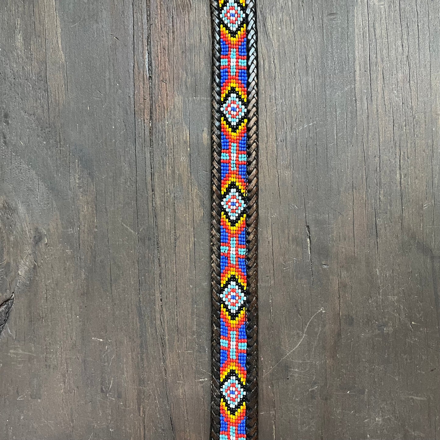 Beaded Aztec 1990s black leather belt