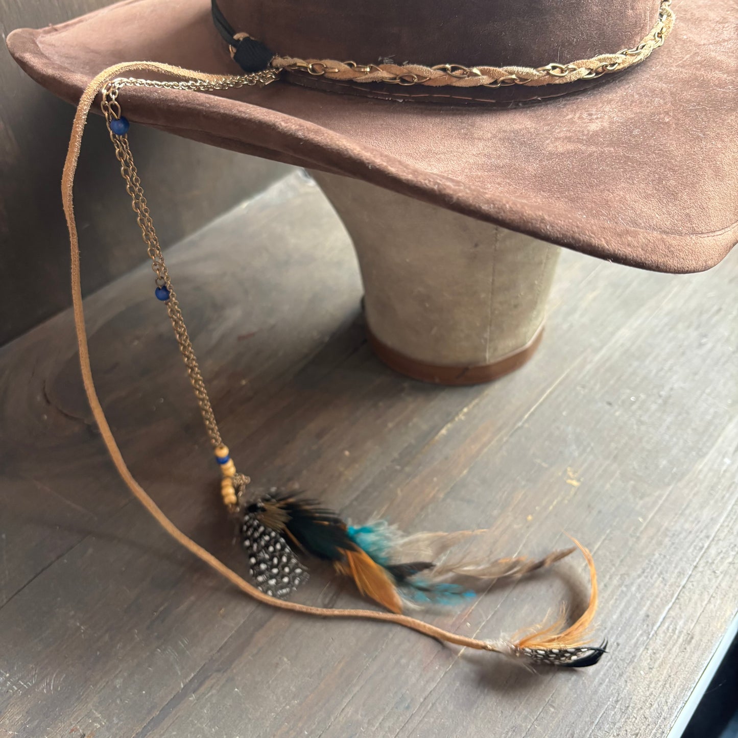 Braided Leather Hat Band with Feather Tassel