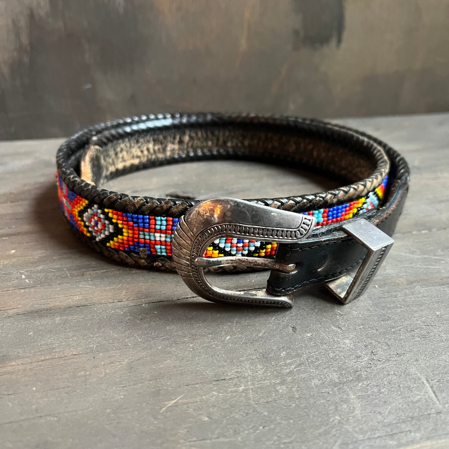 Beaded Aztec 1990s black leather belt