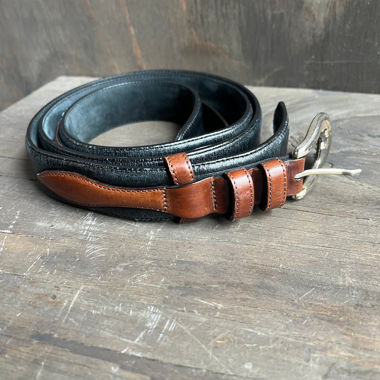 Two-Tone Leather Belt with Silver Buckle