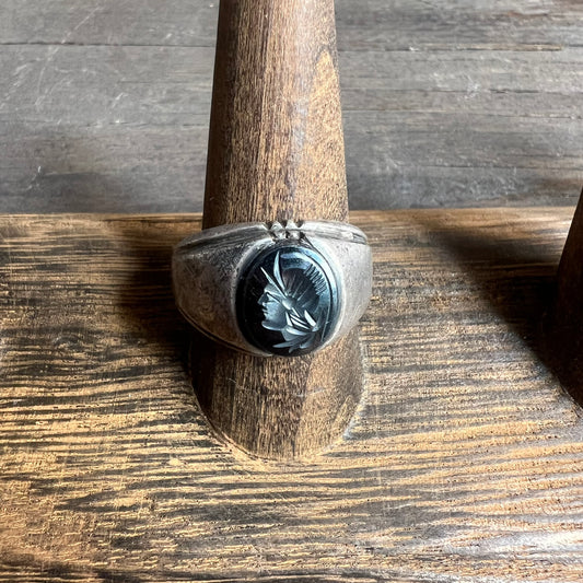 Vintage Sterling Silver and Hematite Carved Ring