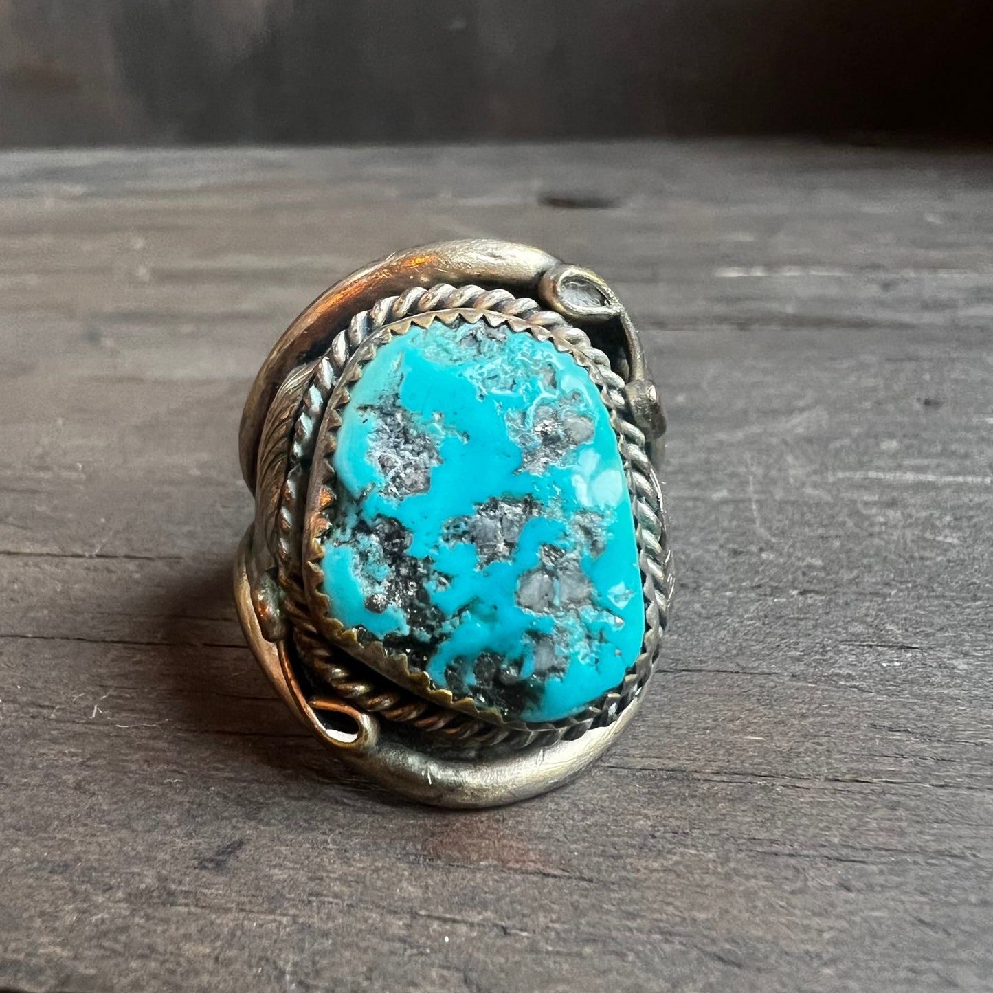 Chunky Turquoise Ring with Leaf Embellishment