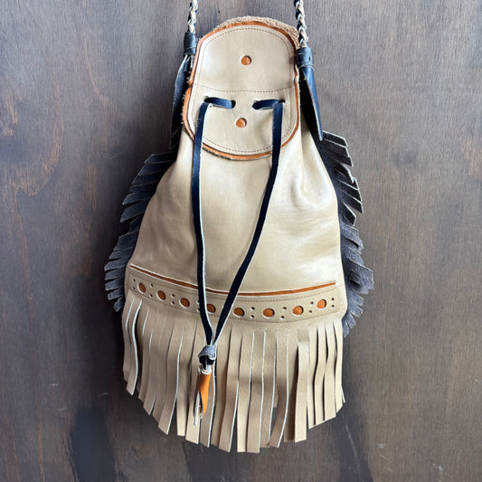 Beige and Navy Leather Fringe Bag
