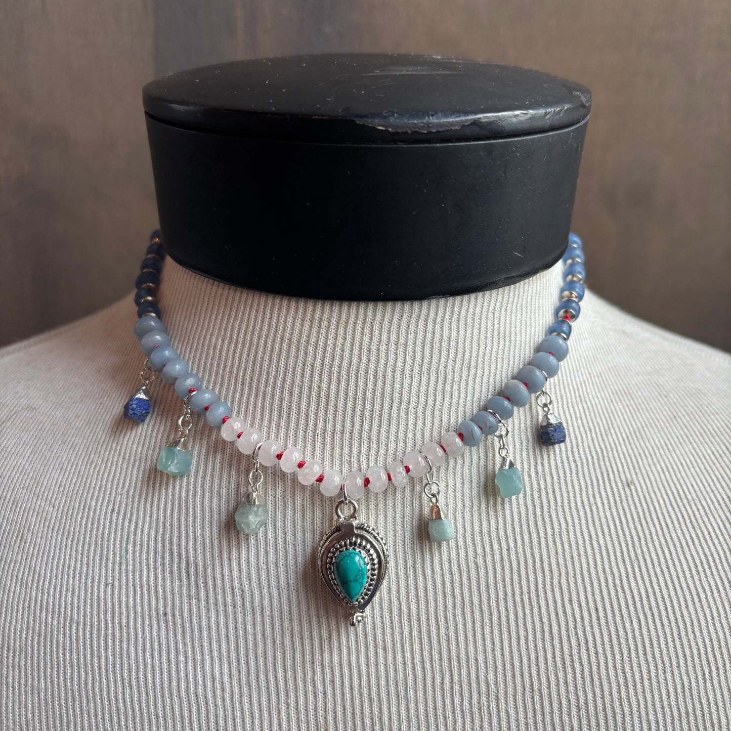 Ostrich Moon Silver Turquoise Poison Box Charm Necklace