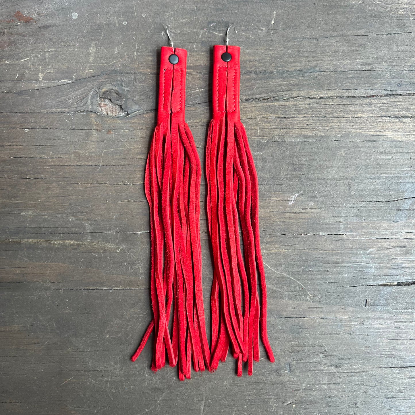 Leather Sage Red Fringe Earrings