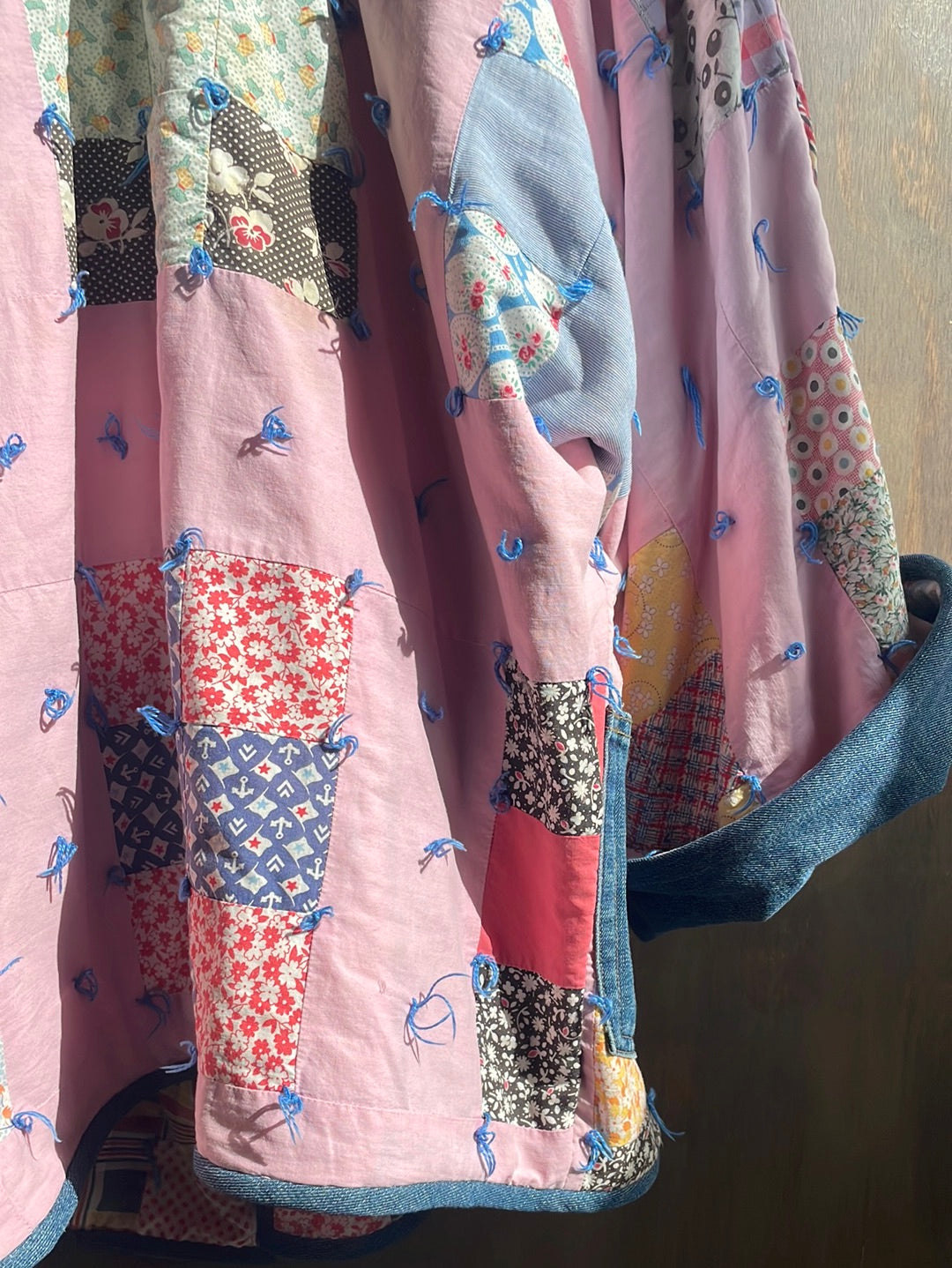 Handmade Vintage Quilt Jacket, Pink with Denim Trim