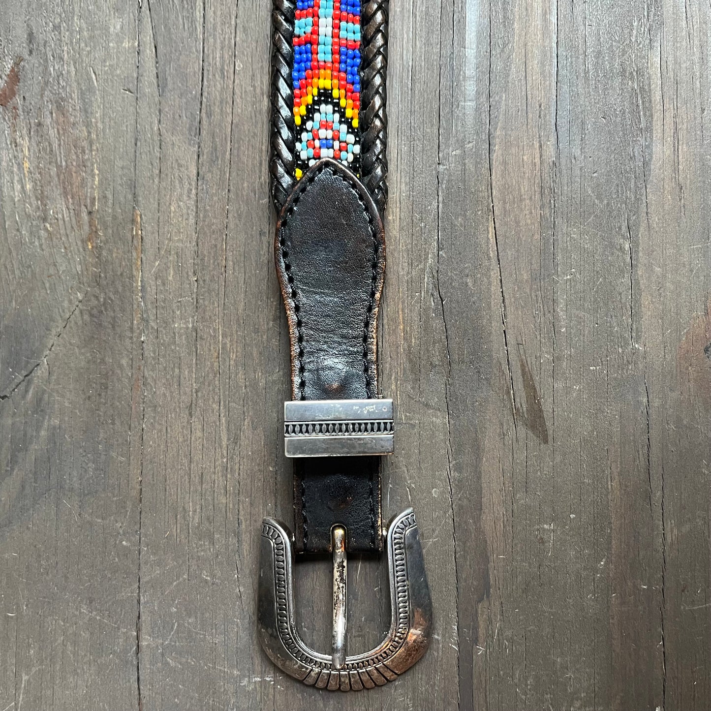 Beaded Aztec 1990s black leather belt