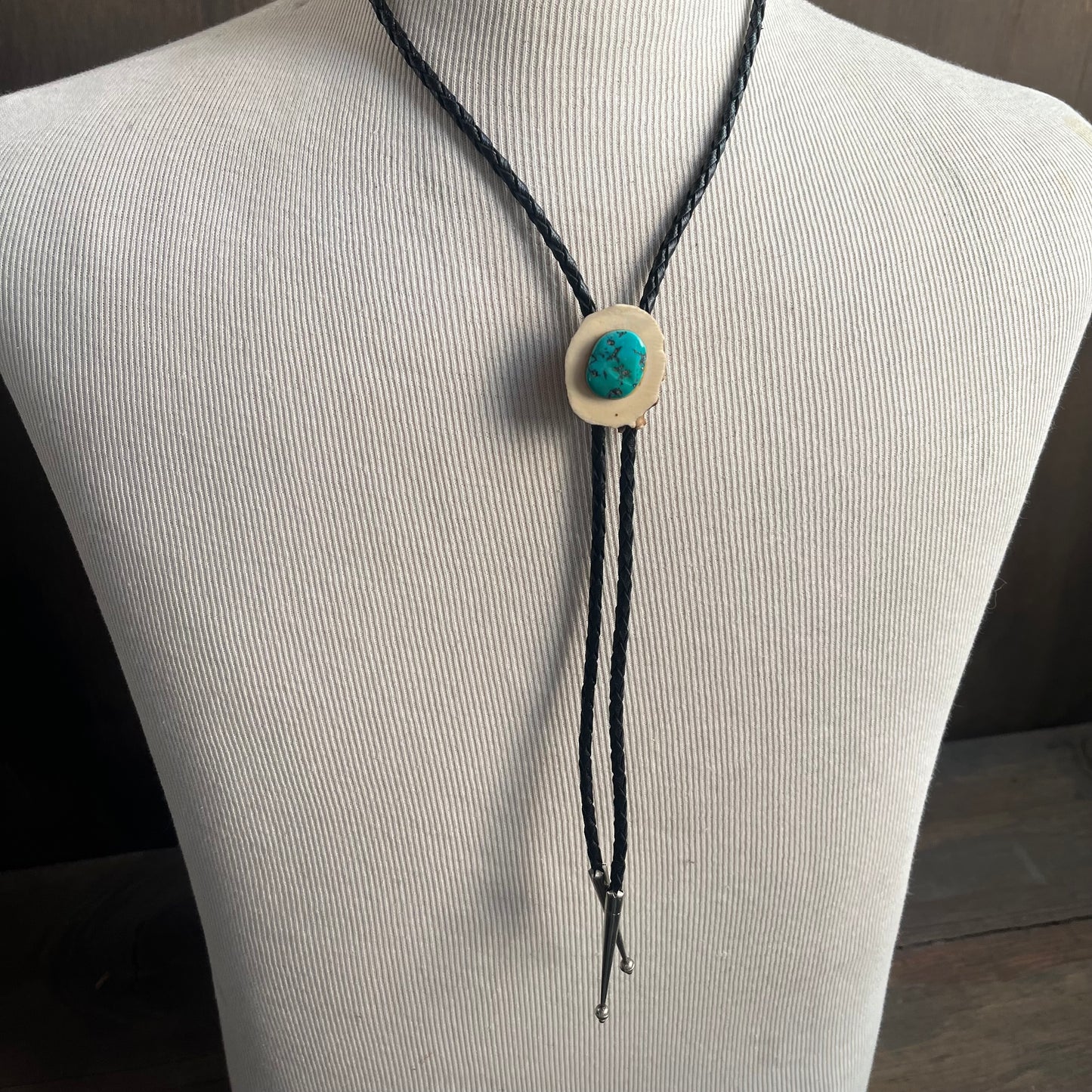 Black tie with wood and turquoise bolo