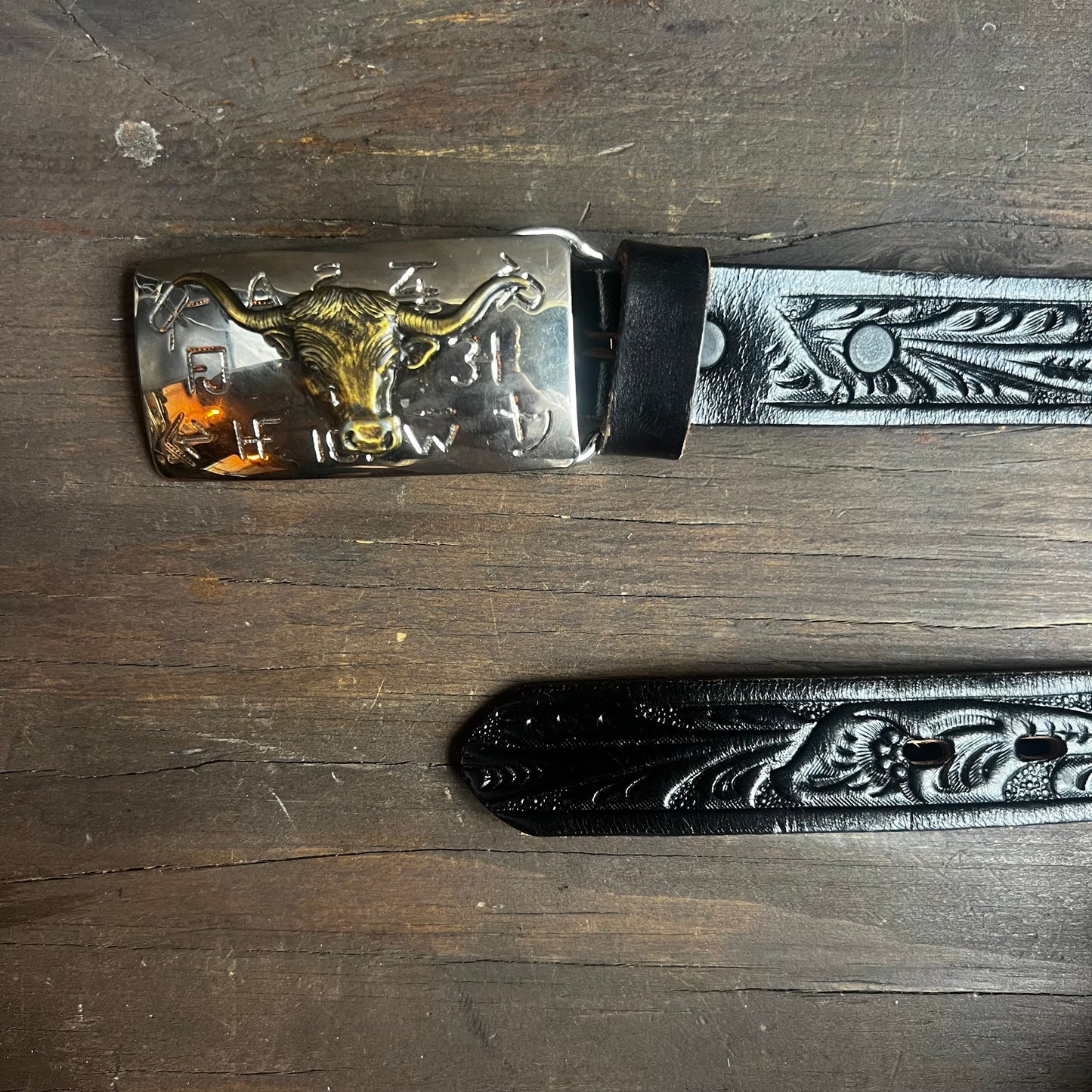 Vintage Chambers Black Tooled Leather Kids Western Belt